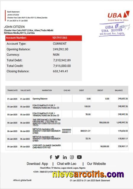Zambia United Bank for Africa bank statement Word and PDF